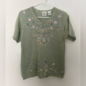 Vintage Cottagecore Floral Embroidered Seafoam Green Sweater Size Small